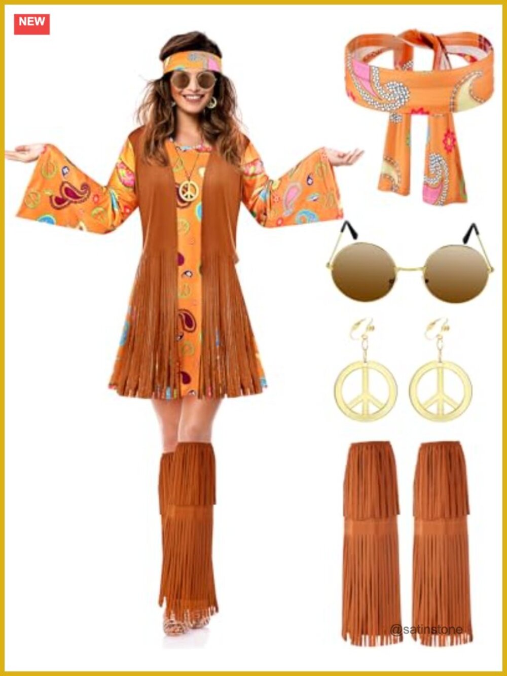 70s Hippie Costume Set Dress Sunglasses Headband Socks Peace Jewelry